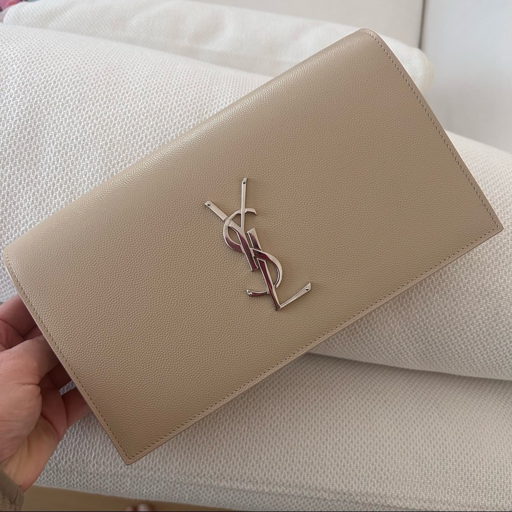 YSL Taupe Grain Leather Clutch Bag( brand new)